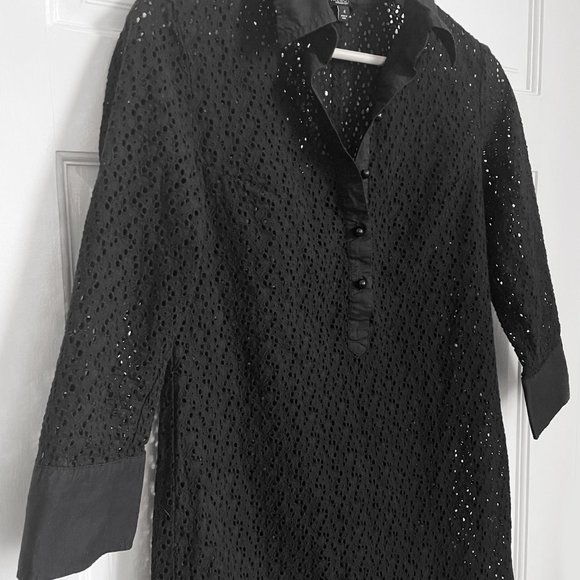 Talbots Shirt Dress Black Eyelet  3/4 Sleeve Collar Lace Cover Up Casual Sz 4 - Picture 3 of 6